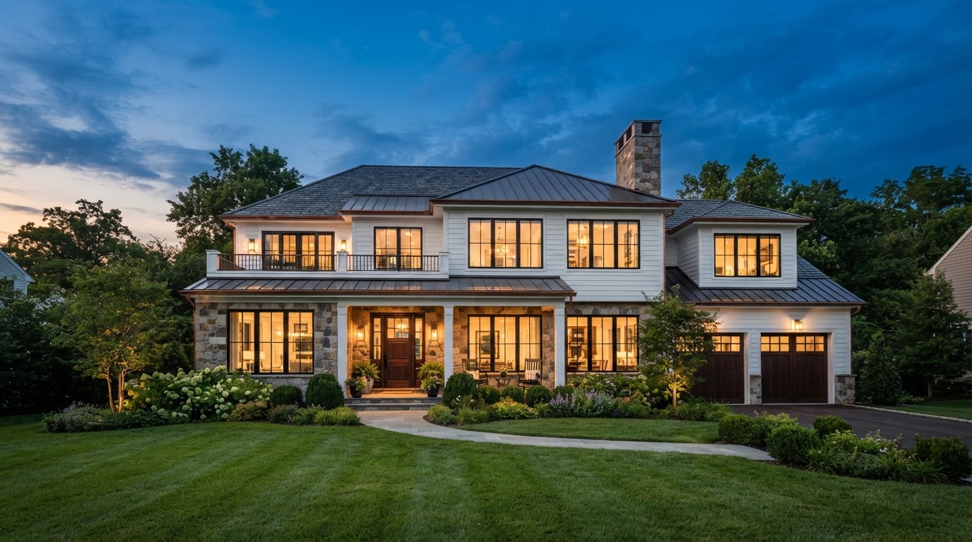 A beautifully built family home at dusk with warm interior lighting